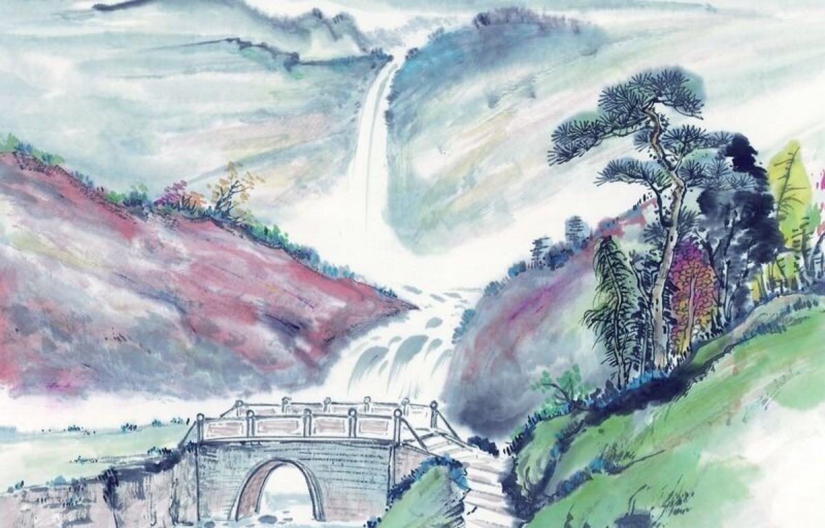 水墨画—高山流下的瀑布和瀑布下的石桥-堆糖,美好生活研究所