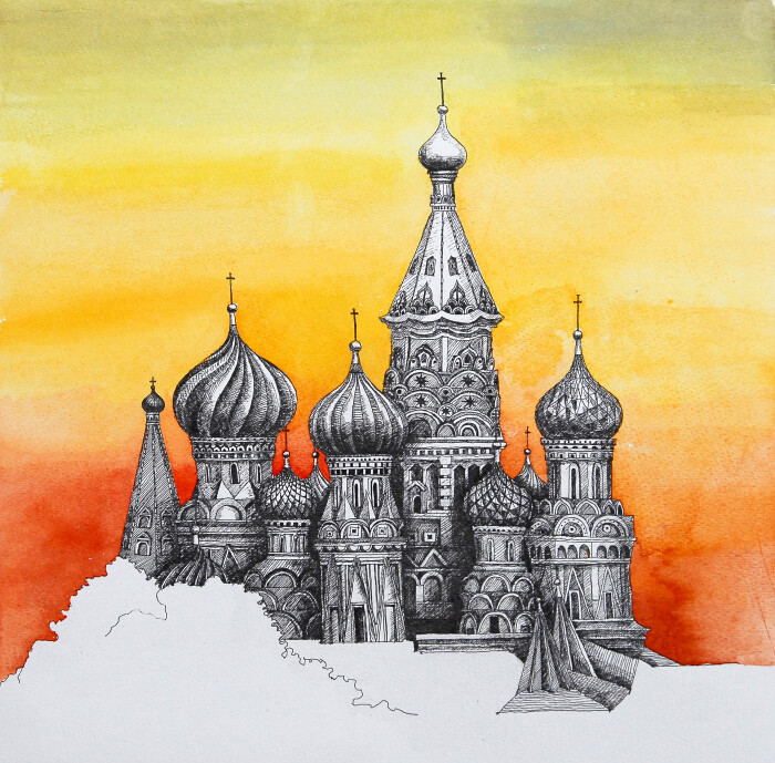 圣罗勒教堂 俄罗斯红场 水彩