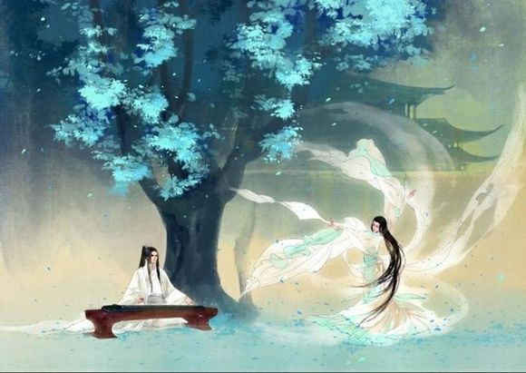 花前月下,你弹琴,我跳舞. 举手投足之间,尽是缠绵之意.