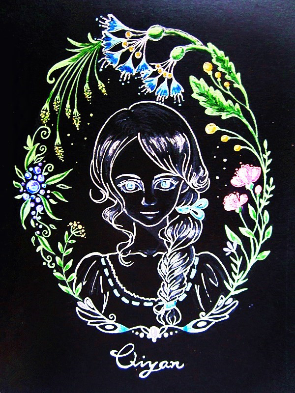 黑卡植物花圈森女,水粉插画