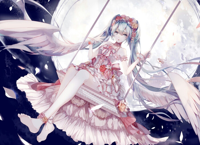 初音未来 月亮 翅膀 天使 秋千 miku