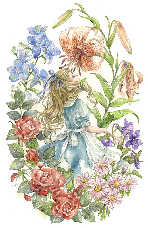 水彩森女系水彩插画.