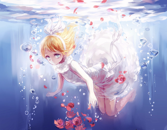 (当动漫人物在水里时)动漫 插画 水里 少女 水波 封面 头像 人物 p站