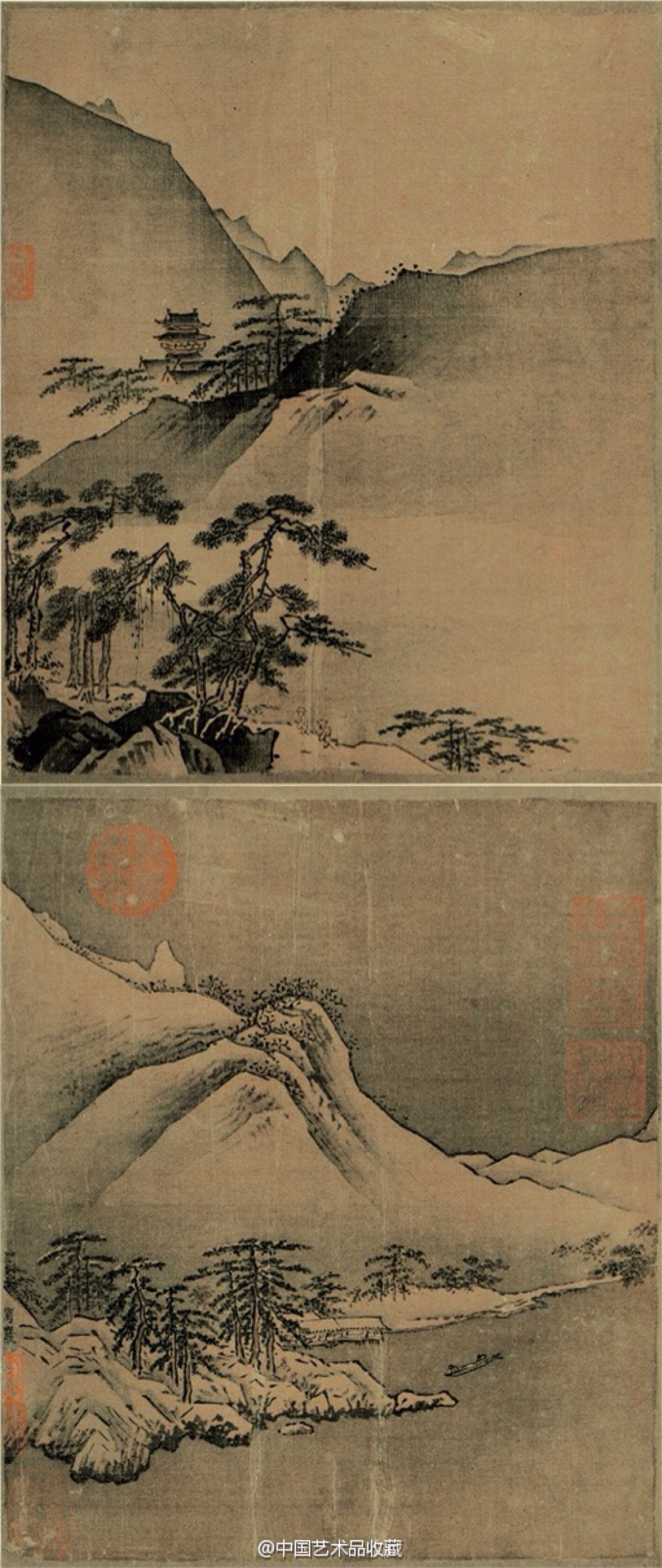 其风格似马远而略拘谨,山石多用湿笔轻染,石顶稍加小斧劈皴,与夏珪的