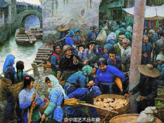 江南小镇普通人的生活场景成为他重要的绘画素材,他的作品,画风质朴而