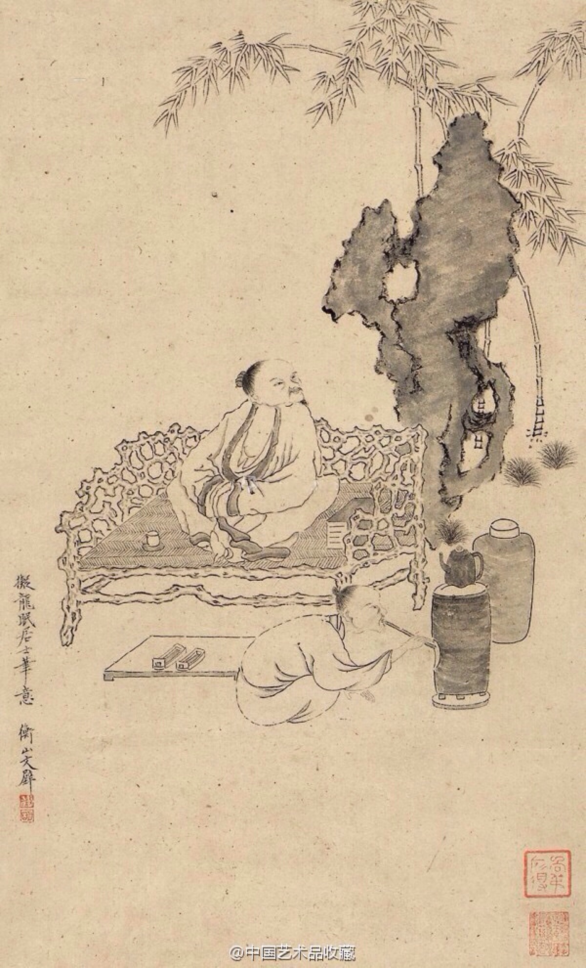 【明 文徵明 《煮茶图》 】立轴,纸本,水墨,42×25cm.
