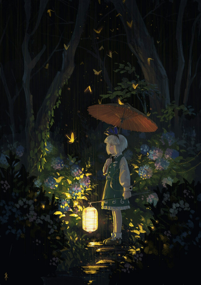 p站 插画 少女 下雨 灯笼 蝴蝶 唯美 绣球花 暗色系