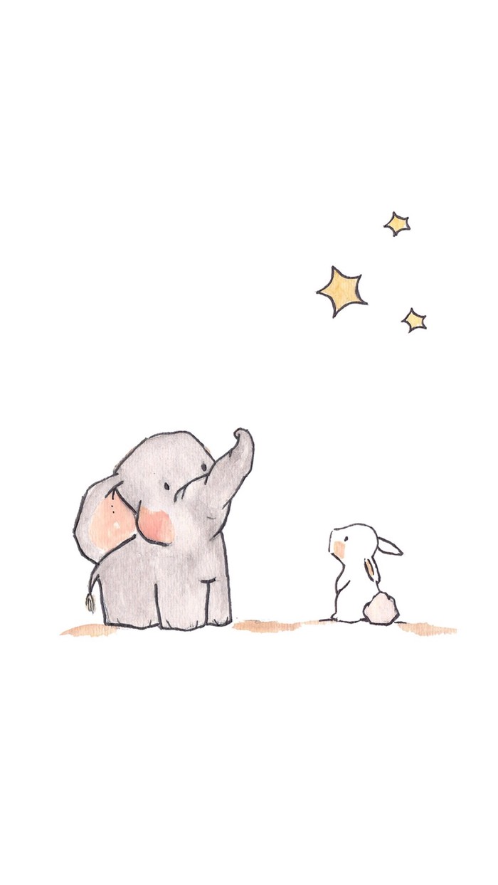 小象小兔萌萌哒-看星星温暖瞬间#键盘壁纸##白底单图##萌物##动物