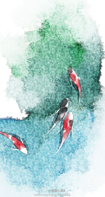 【授权搬运】#插画#手绘##唯美#水彩#雨#壁纸#鱼 微博:@画画的清茗