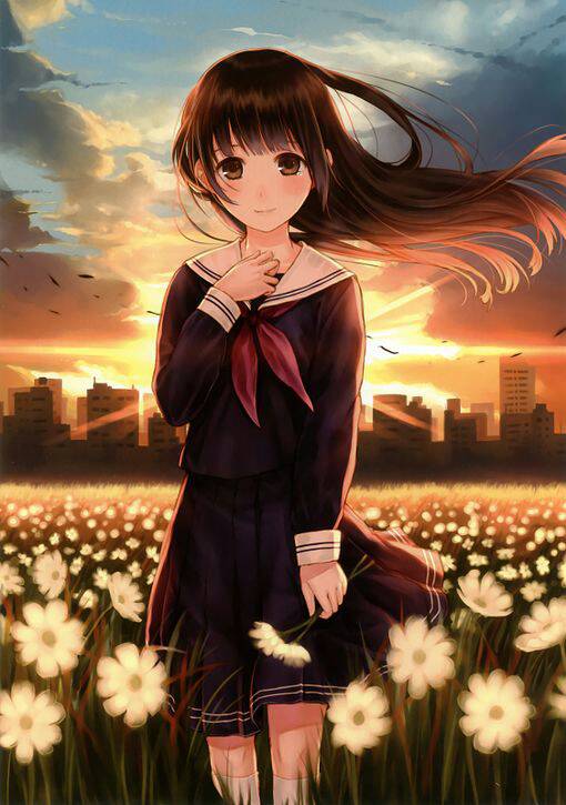 动漫 美女 夕阳 花朵