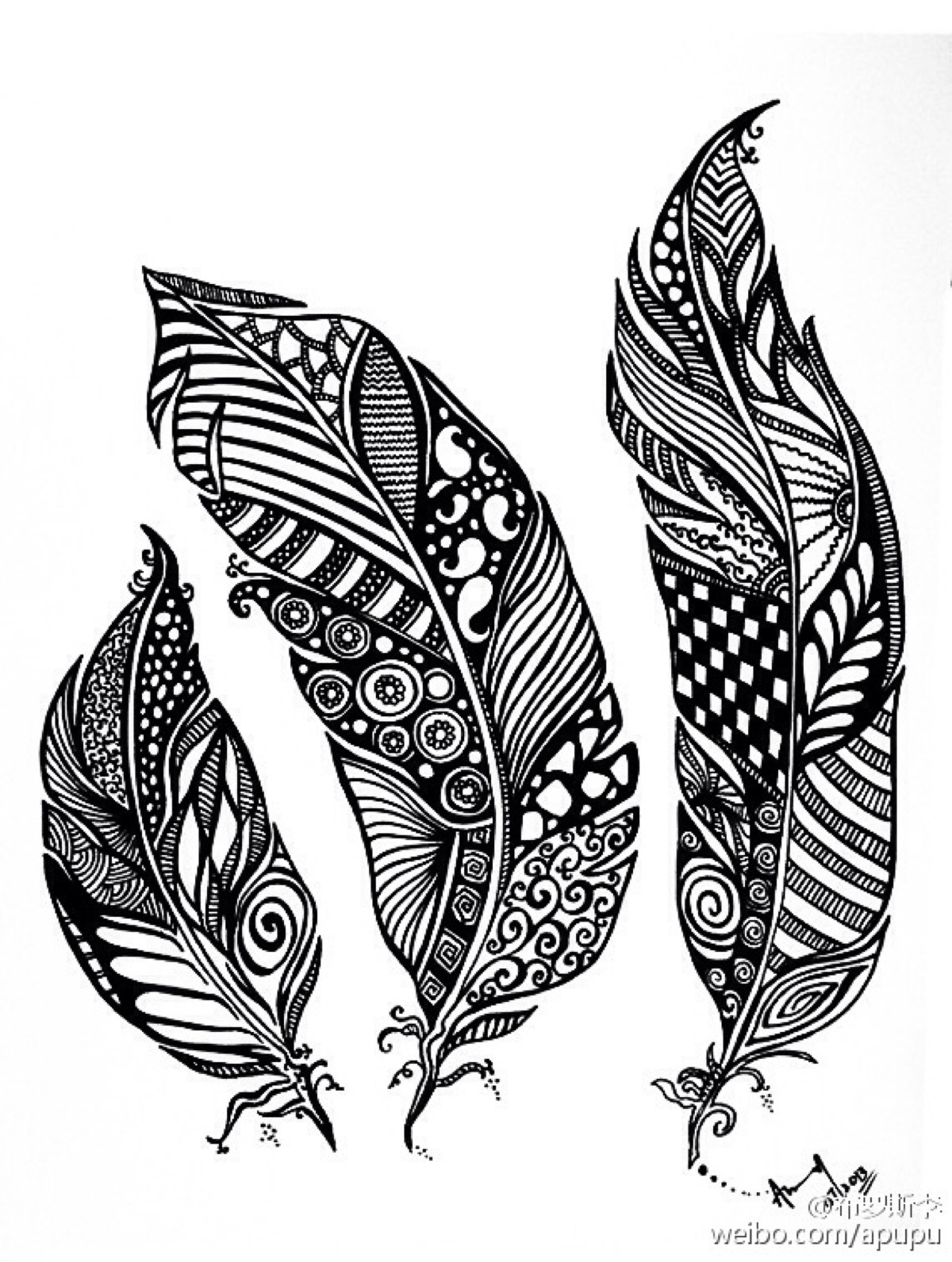 羽毛纹身手稿黑白图片