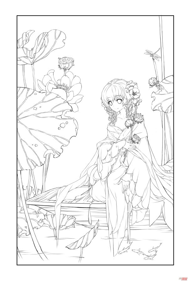 黑白线稿 古风 美女 画画素材