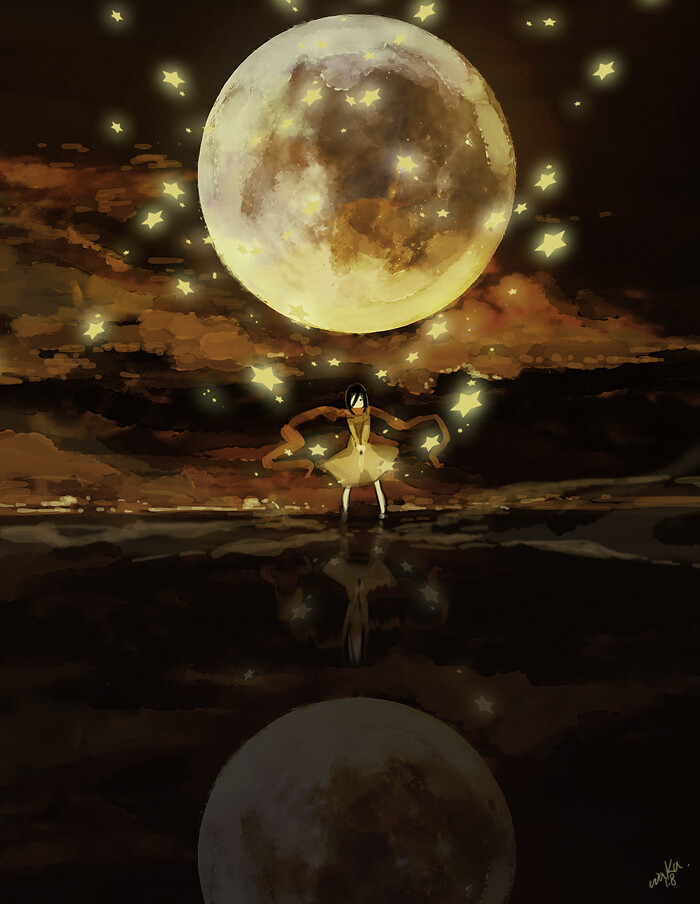 二次元】二次元 美少女 进击的巨人 三笠 金色调 梦幻 星星月亮 动漫