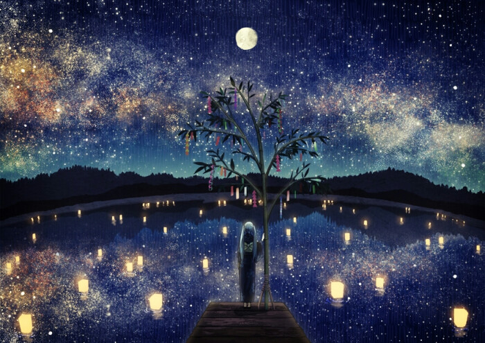 场景区 繁星 河灯 梦幻 蓝色调 夜景 p站 插画 唯美