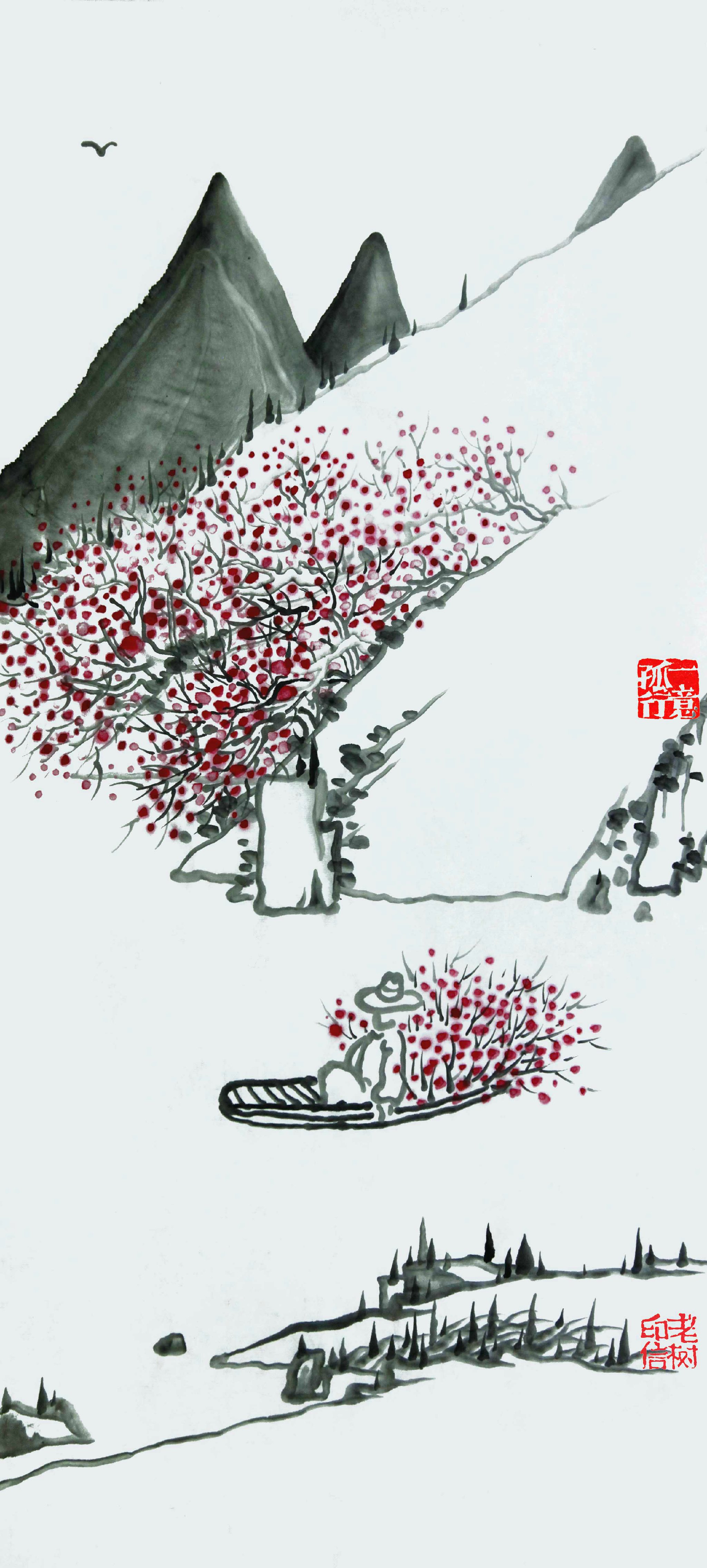 「 老树画画 」. 山中去了一趟,载花泛舟河上.