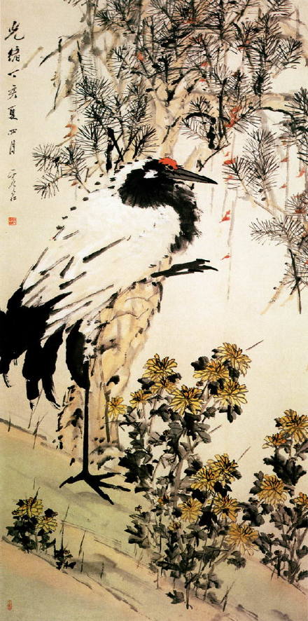 【国画1787】清 虚谷《松鹤延年图》—— 纸本设色,98.3 × 184.