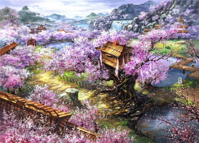 古风二次元美女校服唯美背景中国插画壁纸图片