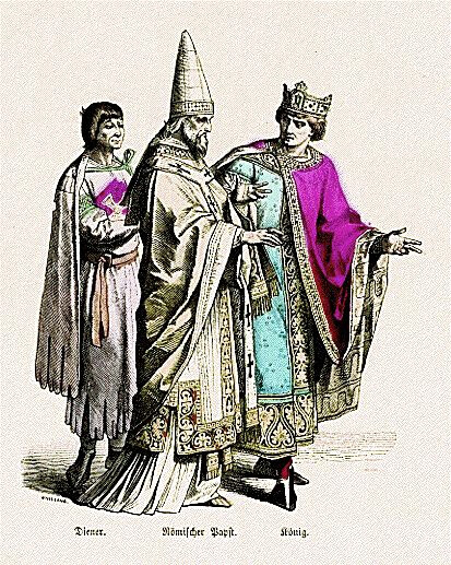 十二世纪时的欧洲服饰仆人(左),教皇(中)和国王(右)