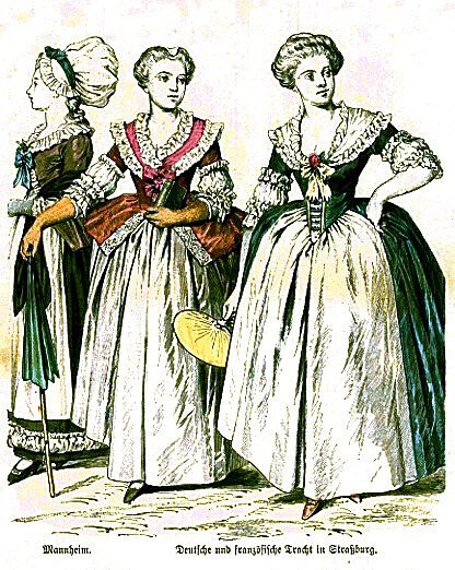 1770-1790年间德国中产阶级的服饰 曼海姆市的妇女(左)和右侧分别穿着