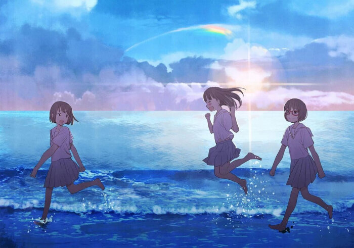 动漫 海边 插画 夕阳 友人()源于p站