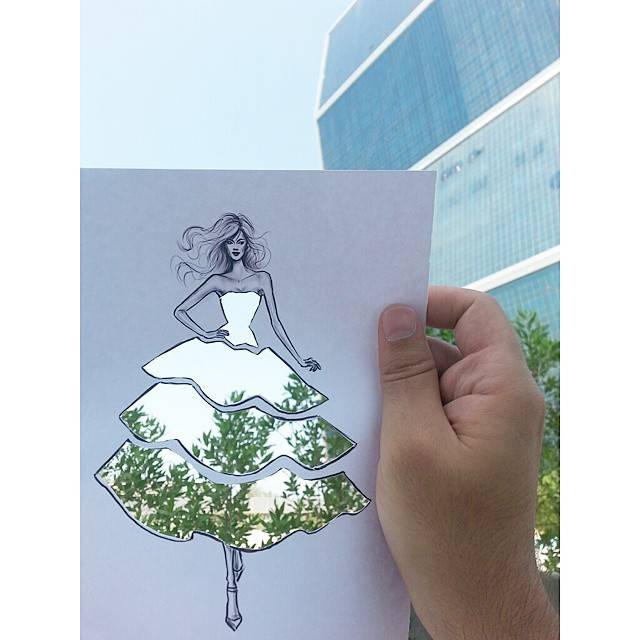 阿拉伯插画师shamekh把插画上的服装镂空后,放在自然景色前,礼服看