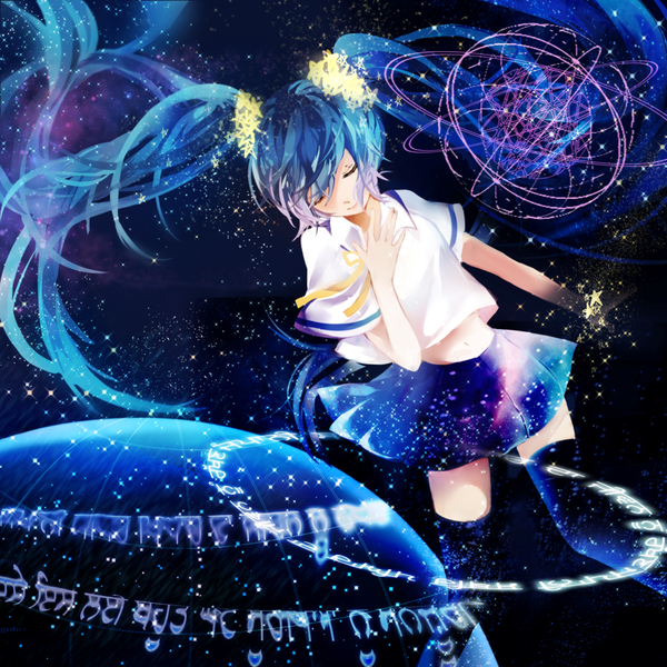 二次元 插画 少女 头像 原创 壁纸 初音未来 vocaloid 唯美 荧光 星空