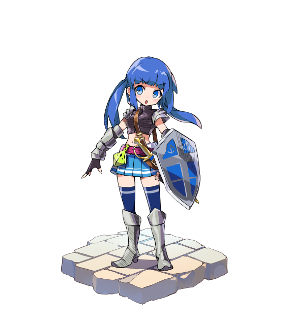 战士(水女) 拿着大型盾牌,支援着前线的斩击属性战士.