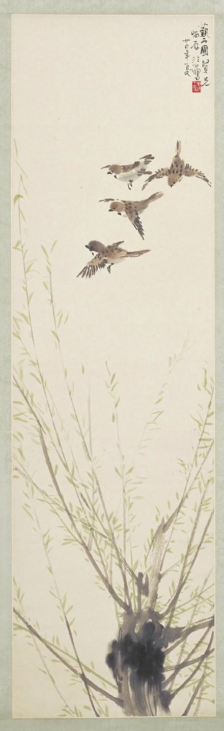 花鸟画#【 徐悲鸿 《柳雀图》 】轴,纸本设色,131×38cm,北京故宫藏.