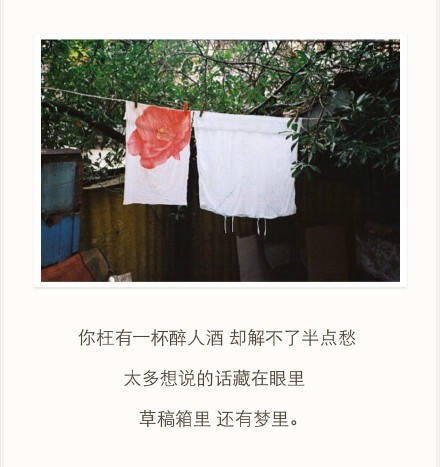 你枉有一杯醉人的酒 却解不了半点愁 太多想说的话藏在眼里 草稿箱里