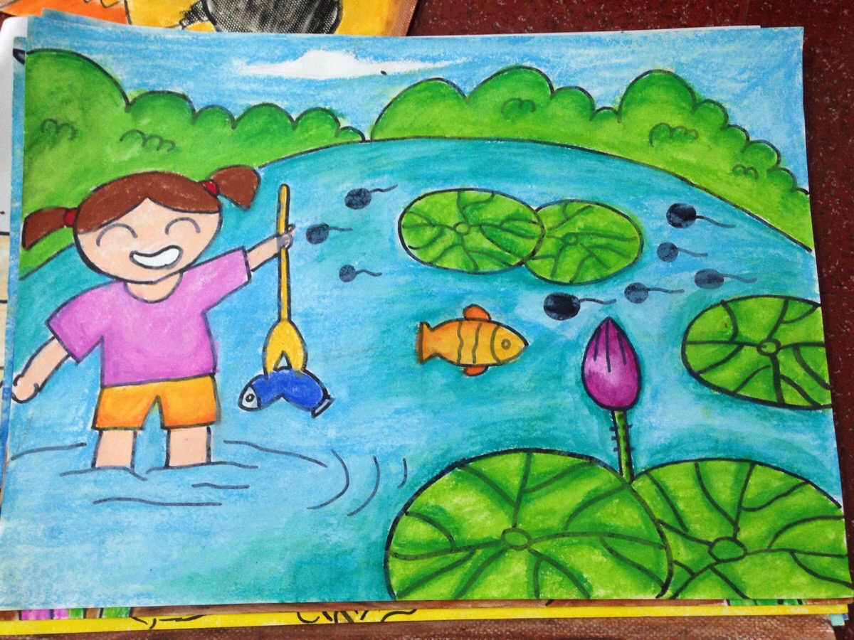 儿童画 池塘