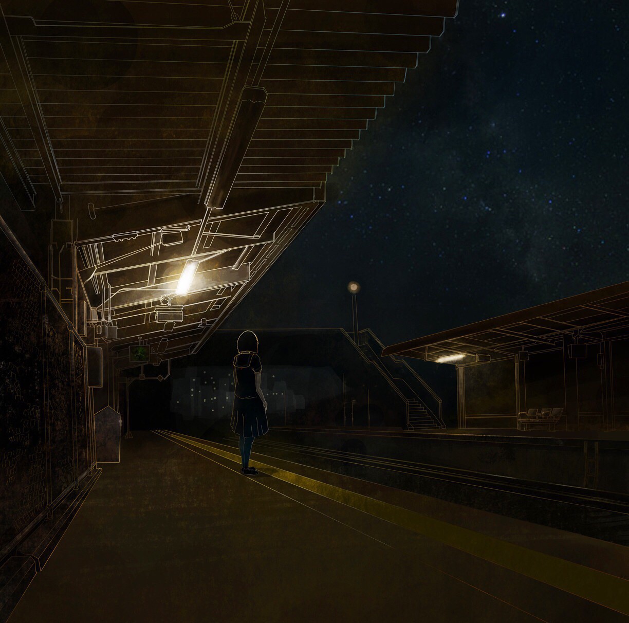 美少女 场景区 冷色调 夜景 车站 梦幻 意境 p站 插画 唯美