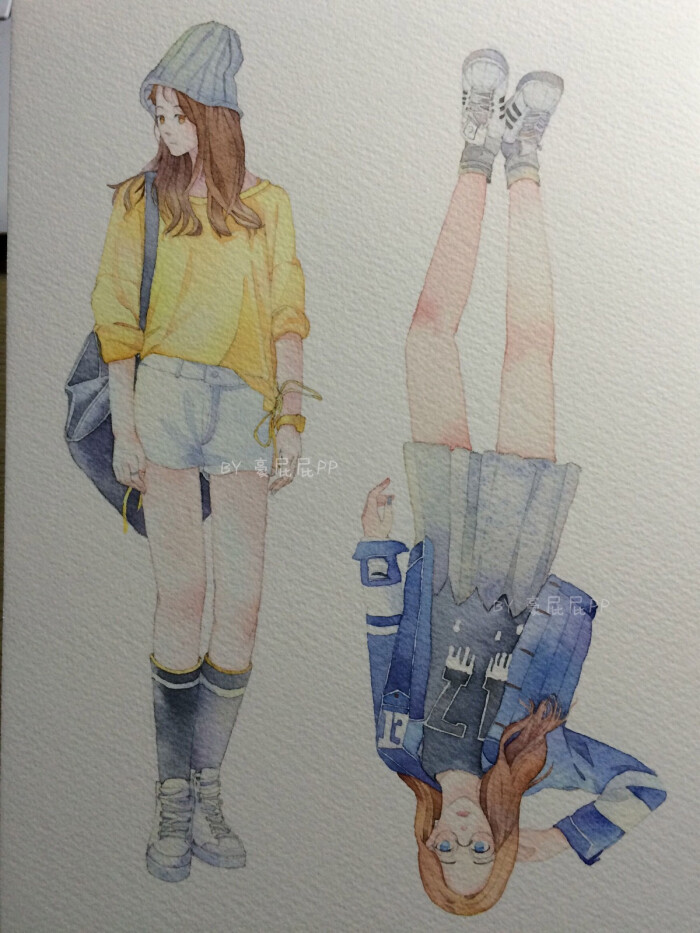 水彩画 人像 时尚搭配 手绘 作者微博by: 豪屁屁pp