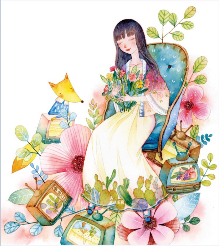 水彩画 女孩 手绘 插画 作者by 亚亚听夏 微博:http://weibo.
