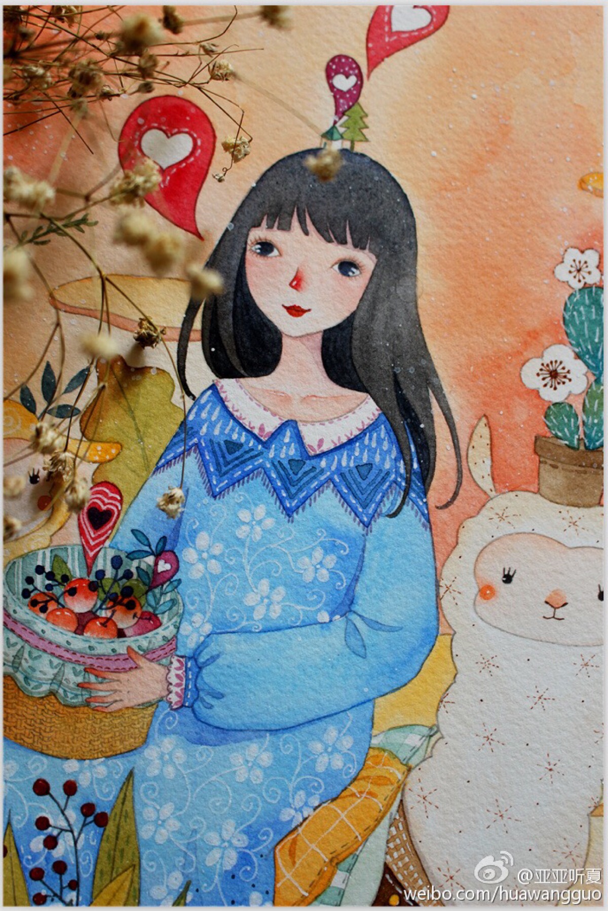 水彩画 女孩 手绘 插画 作者by 亚亚听夏 微博:http/weibo.