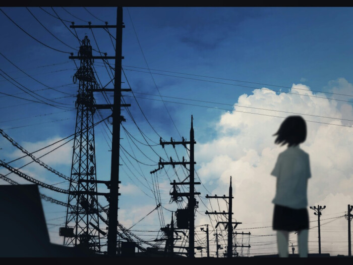 背影 电线杆 二次元 插画少女 唯美 迷茫 天空与白云