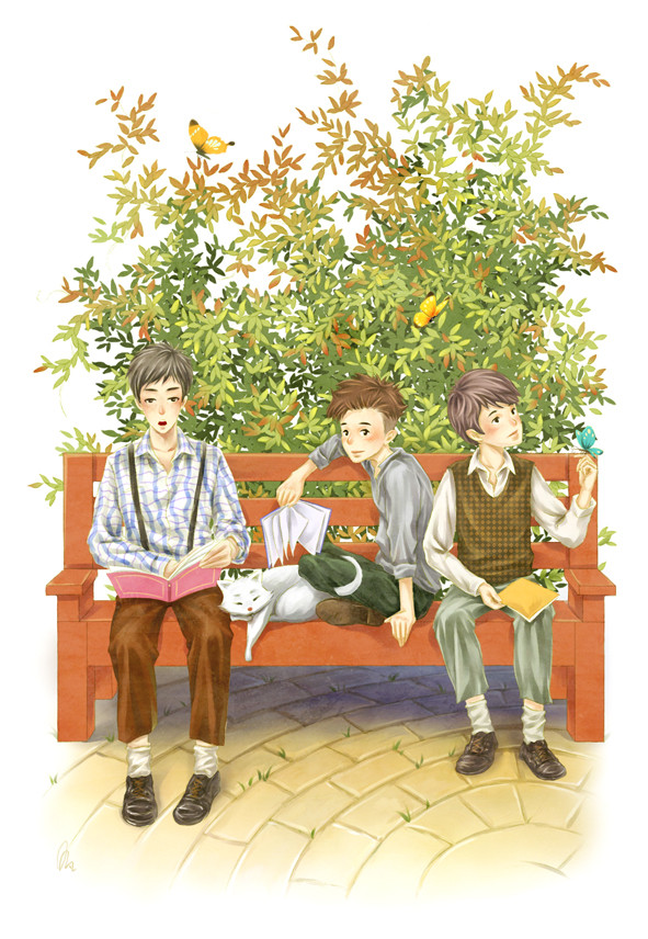 同窗朋友 - 猫 少年 着靥插画