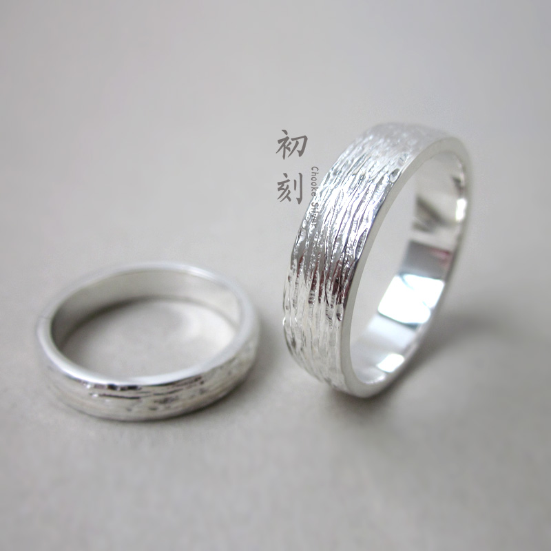 初刻银饰树纹戒指 925纯银手工原创男女戒指 情侣对戒