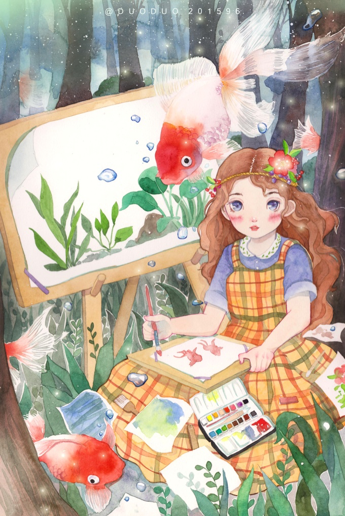水彩画 手绘 女孩 插画家园 作者by 哆多
