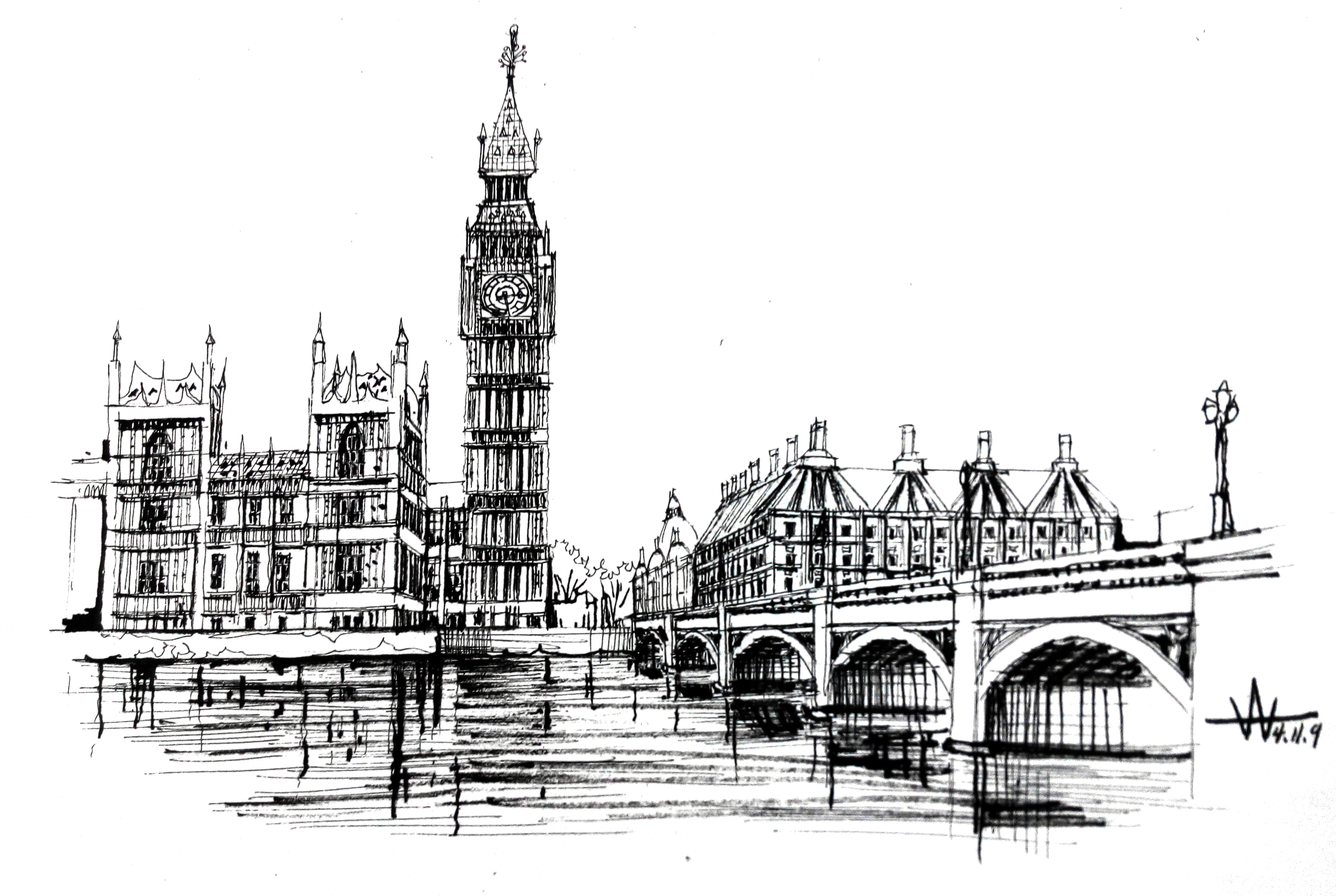 英国大本钟手绘素描图片