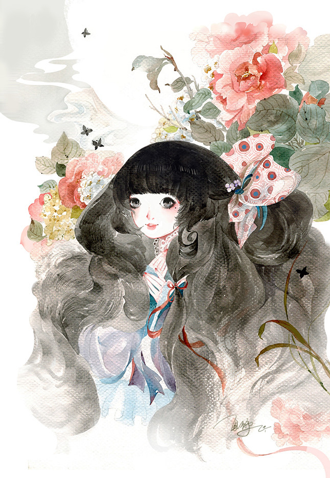 蝴蝶~ 水彩 花朵 古风 唯美-涂鸦王国插画夏静