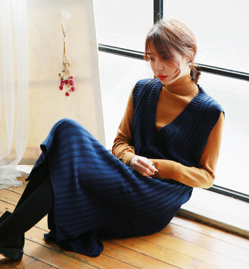冬季tangostyle 韩国进口 v领螺纹毛线无袖连衣裙