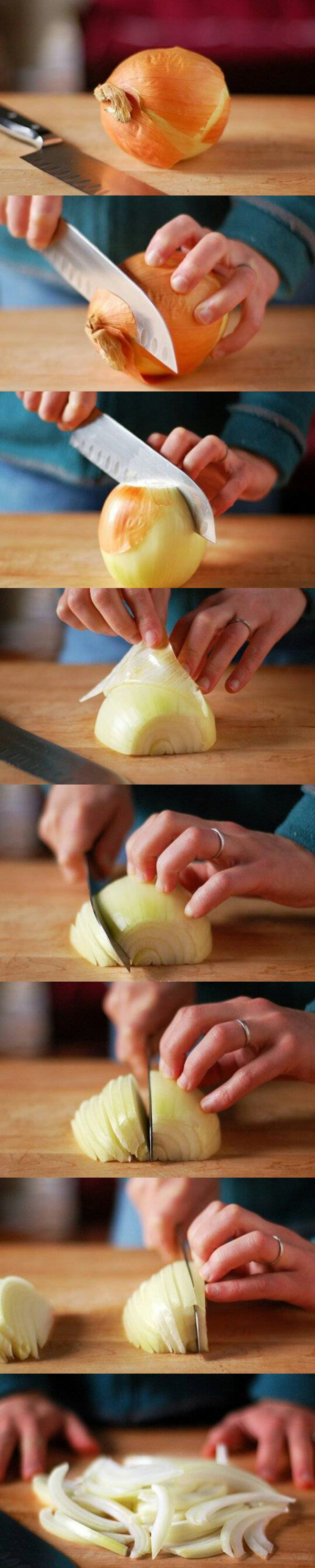 「切一枚法式洋葱」1 用法式刀法将洋葱的两头切掉 2