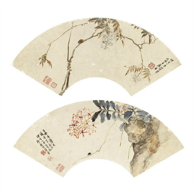 居廉工笔花鸟画 扇面 清