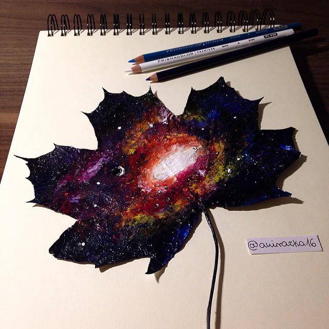手绘 创意 枫叶画 星空系列