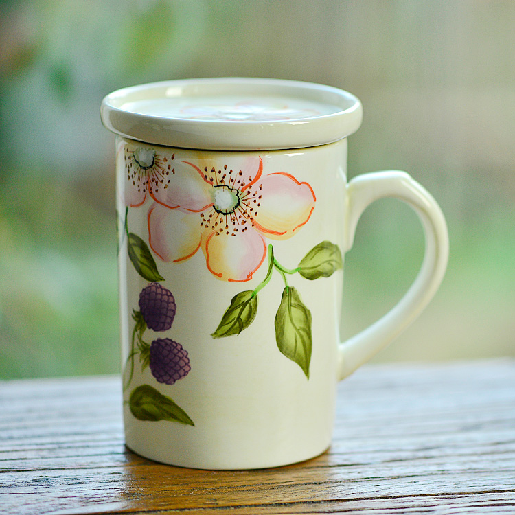 玫瑰罗曼手工彩绘陶瓷杯子小红莓绿色小精灵中式茶杯两款