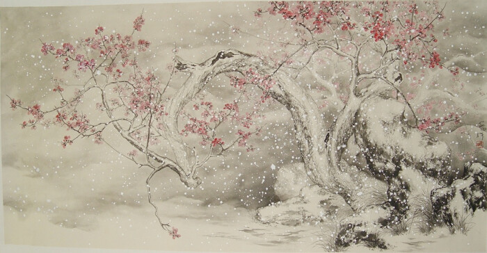 雪中梅花水粉画图片