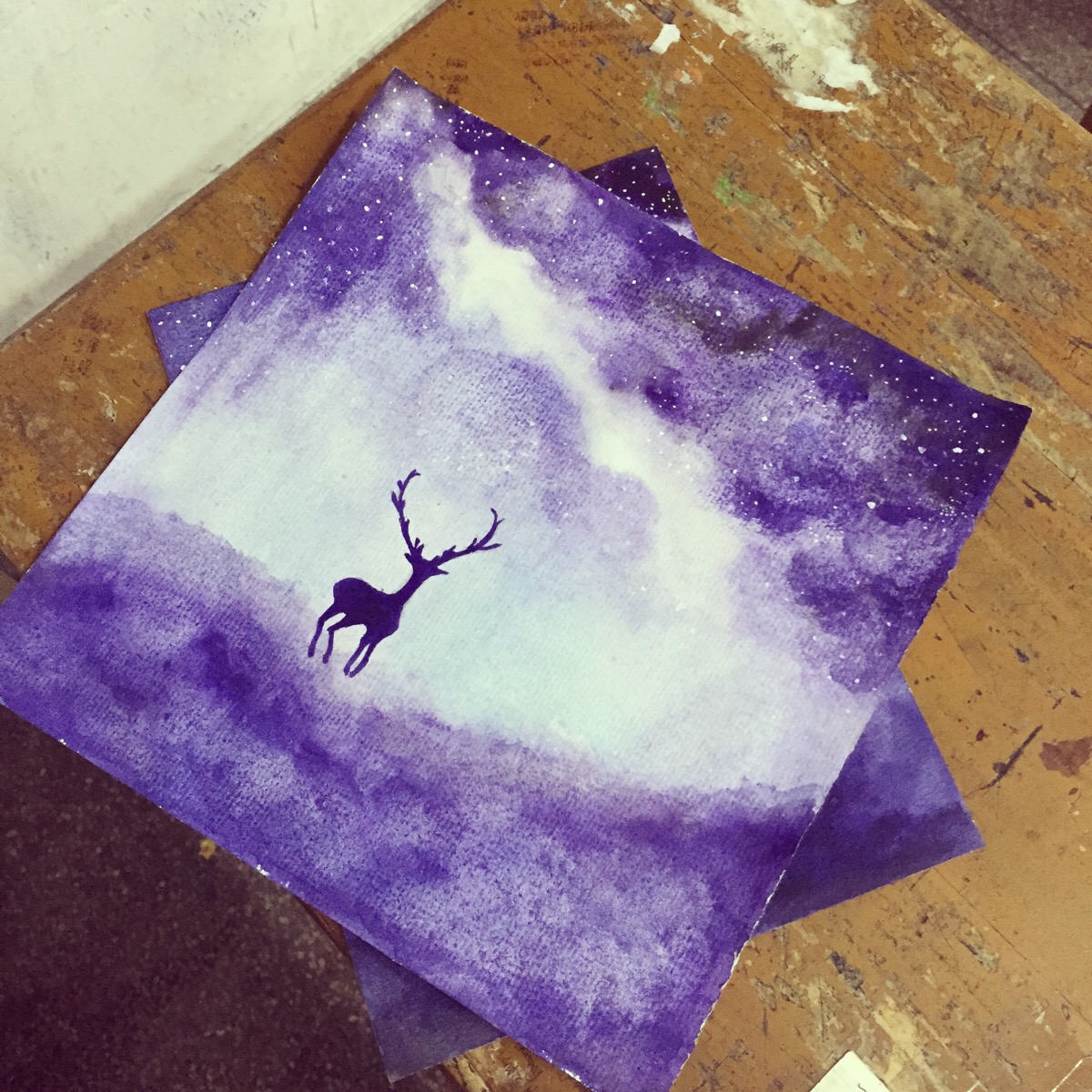 月光下的小鹿水彩画图片