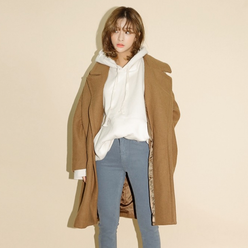 韩国stylenanda 简约款纯色隐形口袋宽松大衣棕色