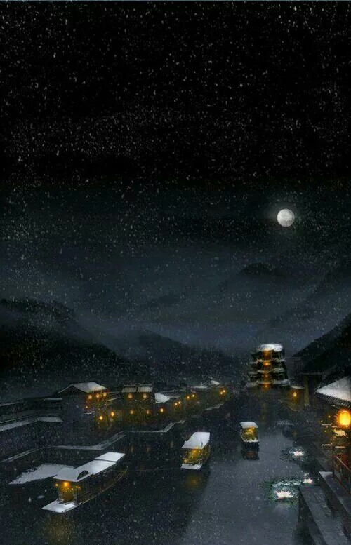 夜空 雪 星星 船 灯火 古风 意境 人物  风景 水粉 水彩 素描 桌面