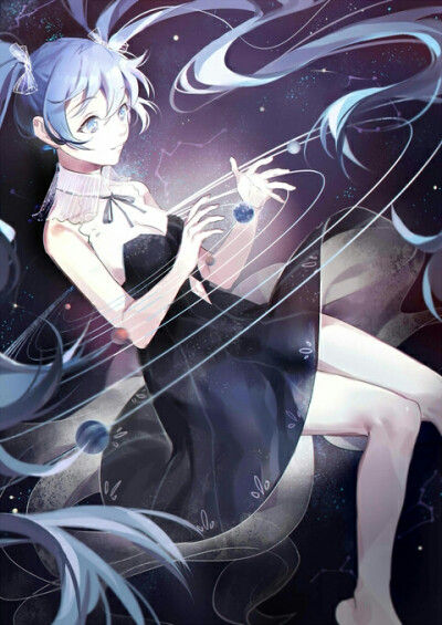 唯美 可爱 萌萌哒 小清新 pixiv 初音未来 v家 双马尾 蓝色系 星空